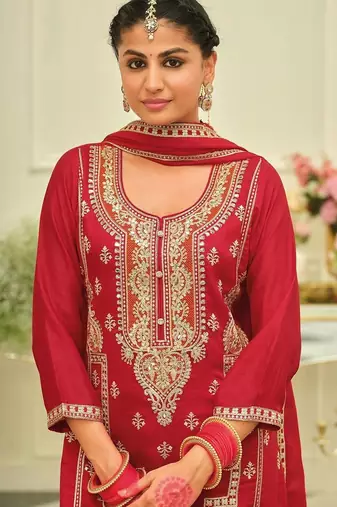 Ethnic Motifs Embroidered Straight Kurta With Palazzos & Dupatta