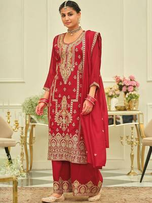 Ethnic Motifs Embroidered Straight Kurta With Palazzos & Dupatta 3