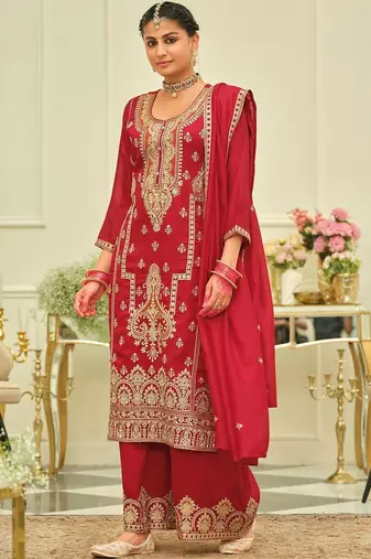 Ethnic Motifs Embroidered Straight Kurta With Palazzos & Dupatta