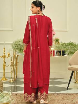 Ethnic Motifs Embroidered Straight Kurta With Palazzos & Dupatta 4