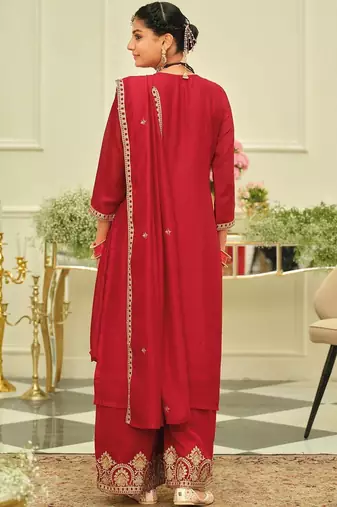 Ethnic Motifs Embroidered Straight Kurta With Palazzos & Dupatta