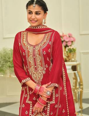 Ethnic Motifs Embroidered Straight Kurta With Palazzos & Dupatta 5