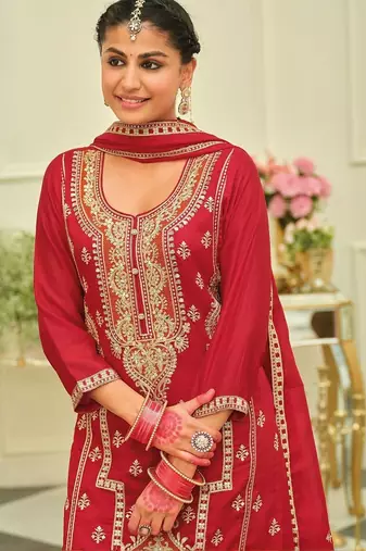 Ethnic Motifs Embroidered Straight Kurta With Palazzos & Dupatta