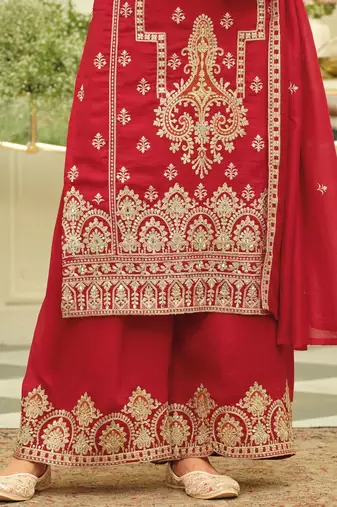 Ethnic Motifs Embroidered Straight Kurta With Palazzos & Dupatta