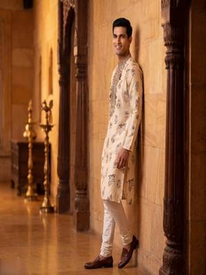 roman silk blend fabric embroidery mens designer party wear kurta pajama 1