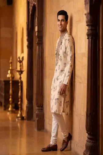 roman silk blend fabric embroidery mens designer party wear kurta pajama