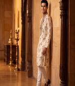 roman silk blend fabric embroidery mens designer party wear kurta pajama