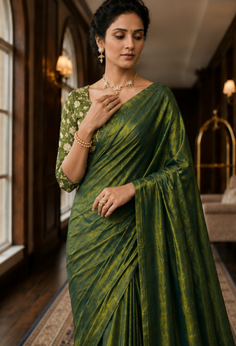 Mahendi Color Plain Satin Silk Blend Saree