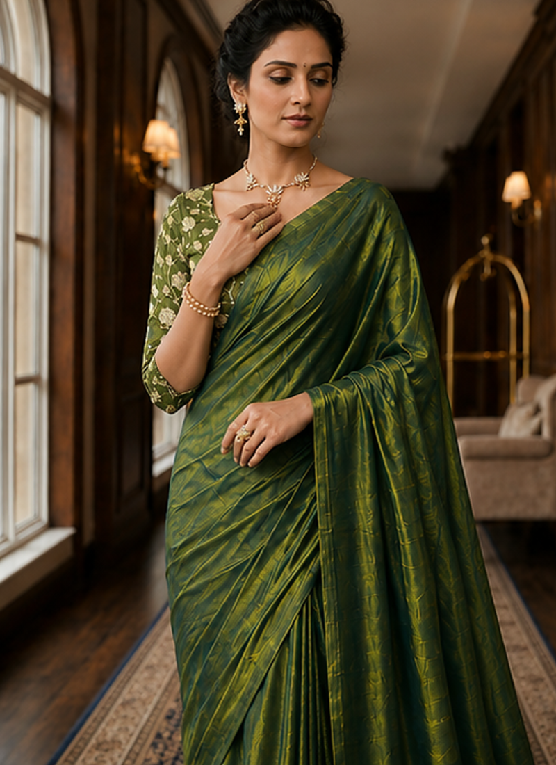 Mahendi Color Plain Satin Silk Blend Saree