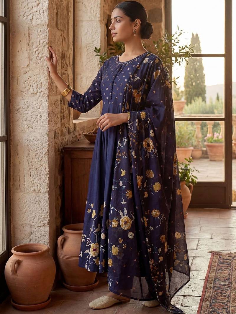 Women Floral Printed Regular Pure Cotton Kurta with Trousers & With Dupatta