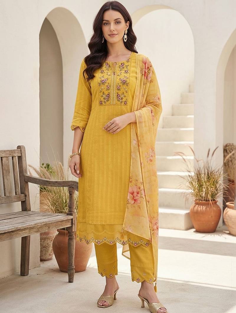 Women Floral Embroidered Regular Thread Work Pure Cotton Kurta with Trousers & With Dupatta