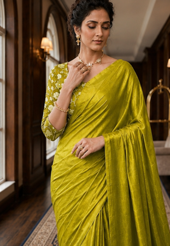 Olive Color Plain Satin Silk Blend Saree