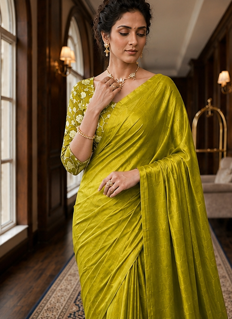 Olive Color Plain Satin Silk Blend Saree