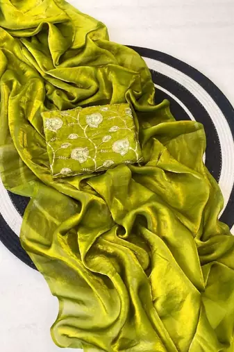 Olive Color Plain Satin Silk Blend Saree
