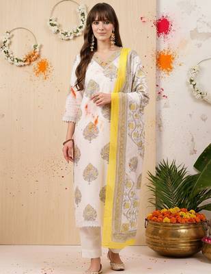 Ethnic Motifs Printed Sequinned Pure Cotton Kurta With Trousers & Dupatta 1