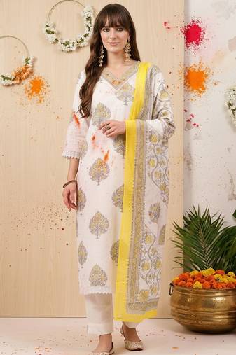 Ethnic Motifs Printed Sequinned Pure Cotton Kurta With Trousers & Dupatta