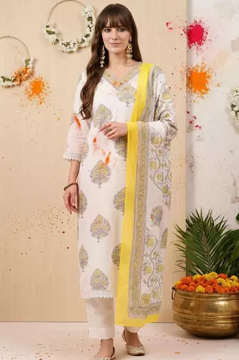 Ethnic Motifs Printed Sequinned Pure Cotton Kurta With Trousers & Dupatta