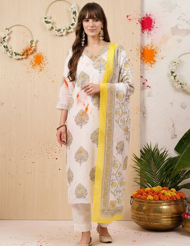 Ethnic Motifs Printed Sequinned Pure Cotton Kurta With Trousers & Dupatta