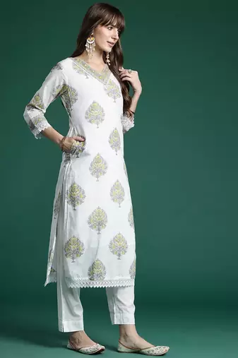 Ethnic Motifs Printed Sequinned Pure Cotton Kurta With Trousers & Dupatta