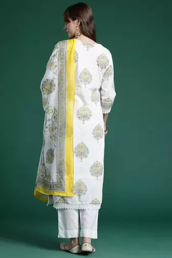Ethnic Motifs Printed Sequinned Pure Cotton Kurta With Trousers & Dupatta