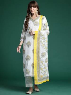 Ethnic Motifs Printed Sequinned Pure Cotton Kurta With Trousers & Dupatta 7