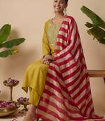 Women Embroidered Straight Kurta with Trousers & With Dupatta