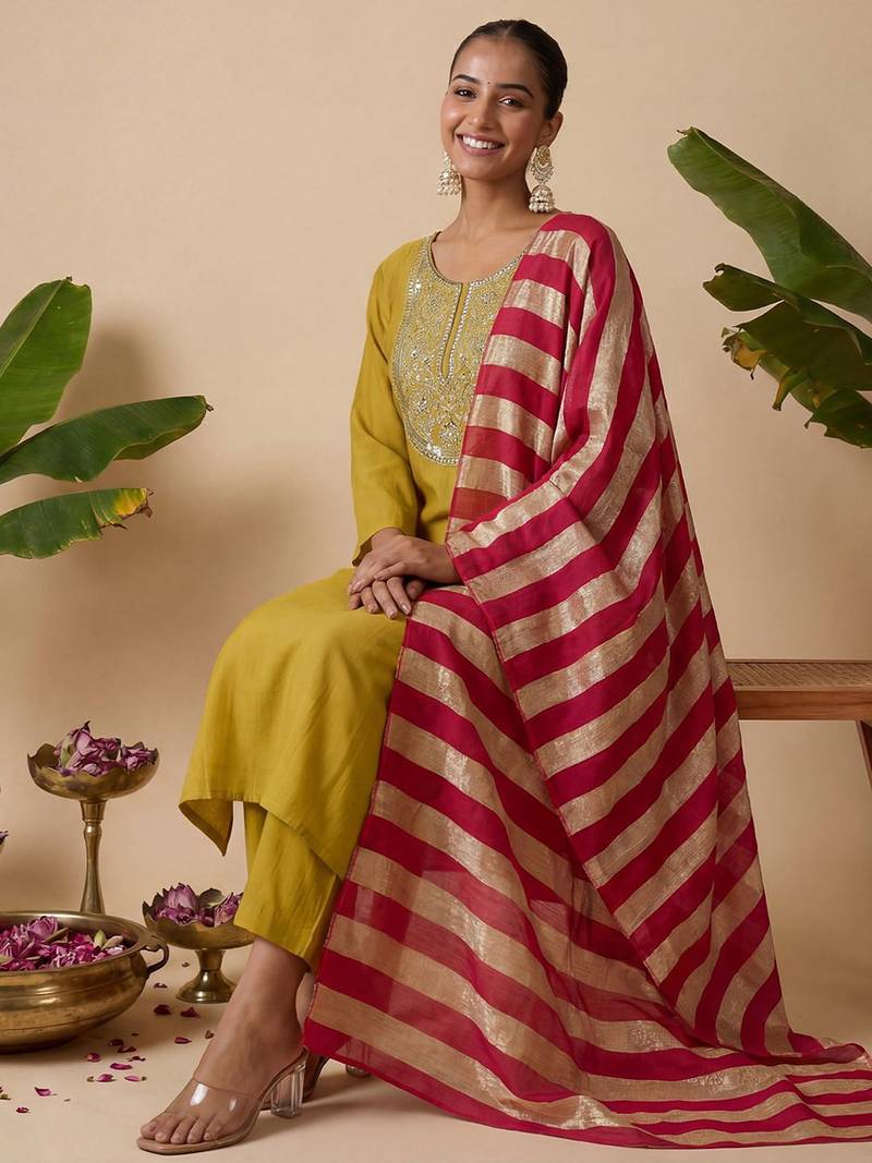 Women Embroidered Straight Kurta with Trousers & With Dupatta