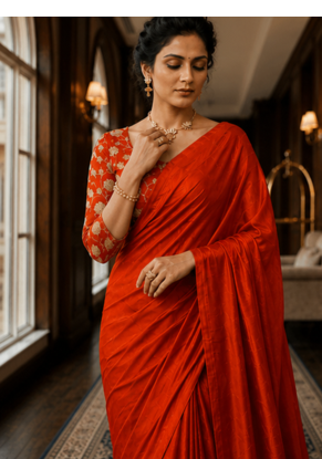 Orange Color Plain Satin Silk Blend Saree 1
