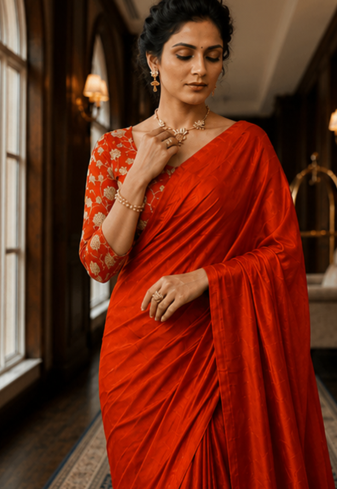 Orange Color Plain Satin Silk Blend Saree