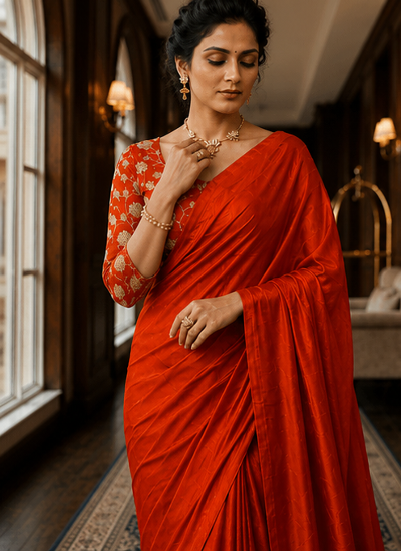 Orange Color Plain Satin Silk Blend Saree