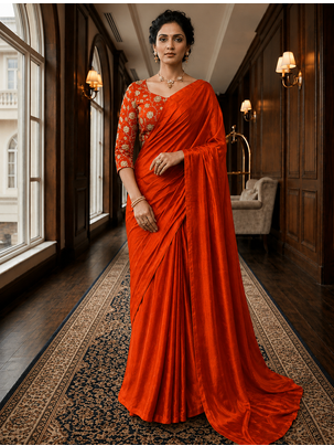 Orange Color Plain Satin Silk Blend Saree 2