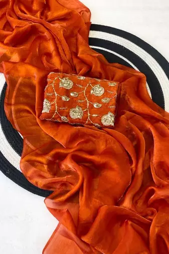Orange Color Plain Satin Silk Blend Saree