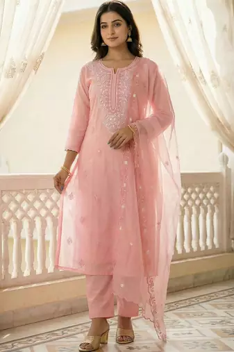 Women Ethnic Motifs Embroidered Regular Thread Work Kurta with Trousers & With Dupatta
