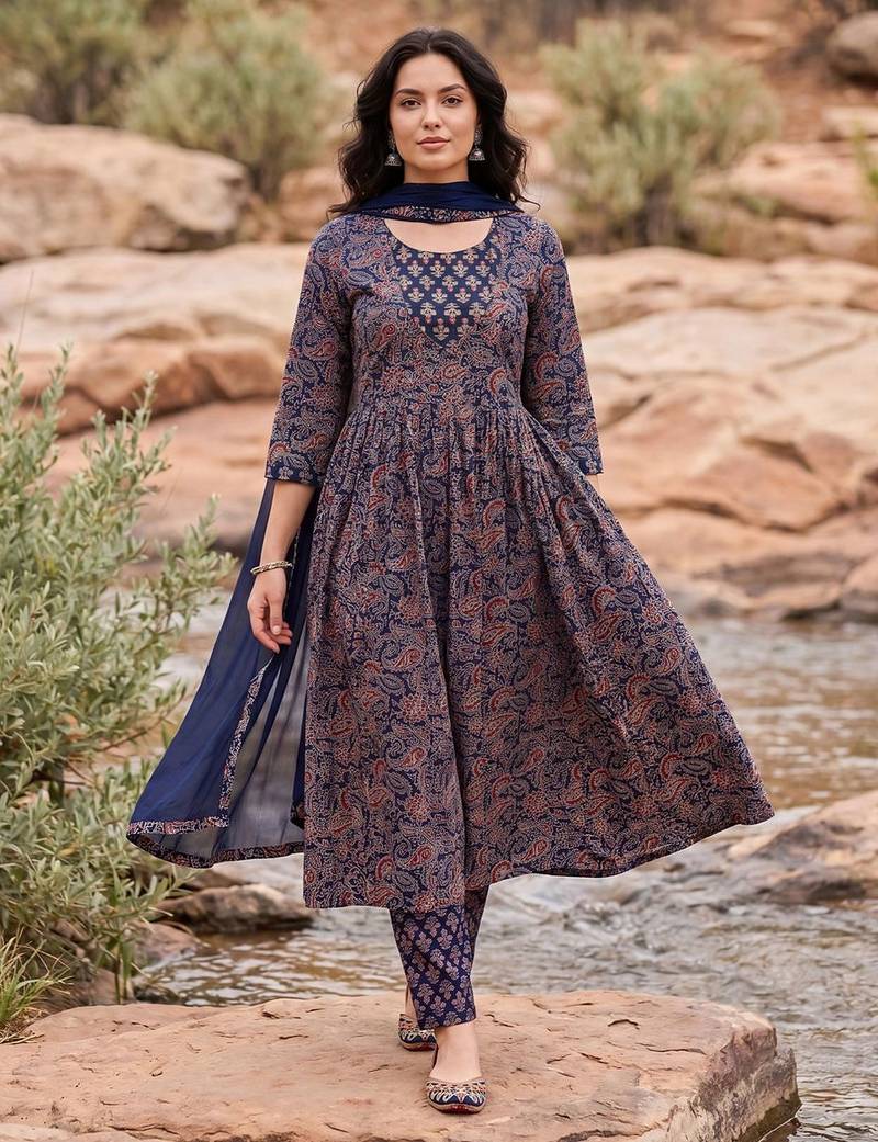 Women Paisley Printed Pleated Mirror Work Pure Cotton Kurta with Trousers & With Dupatta