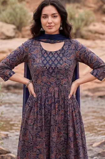 Women Paisley Printed Pleated Mirror Work Pure Cotton Kurta with Trousers & With Dupatta