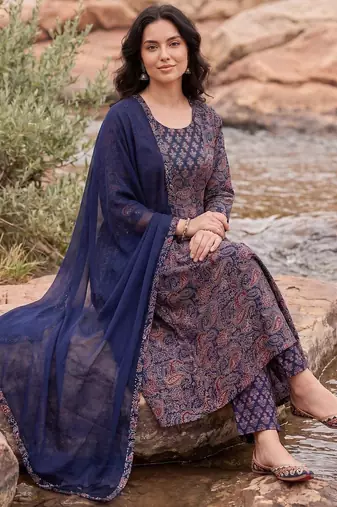 Women Paisley Printed Pleated Mirror Work Pure Cotton Kurta with Trousers & With Dupatta