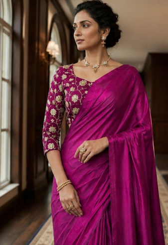 Plum Color Plain Satin Silk Blend Saree