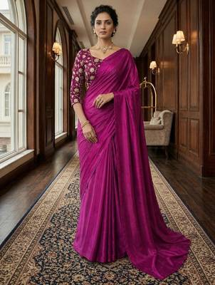 Plum Color Plain Satin Silk Blend Saree 2