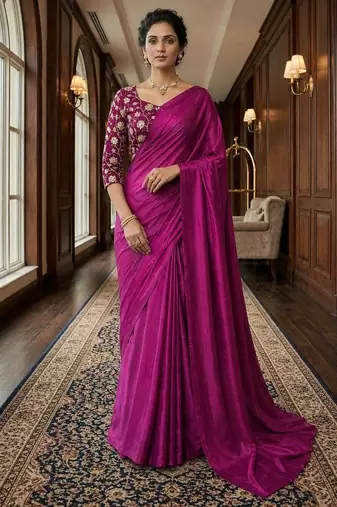 Plum Color Plain Satin Silk Blend Saree