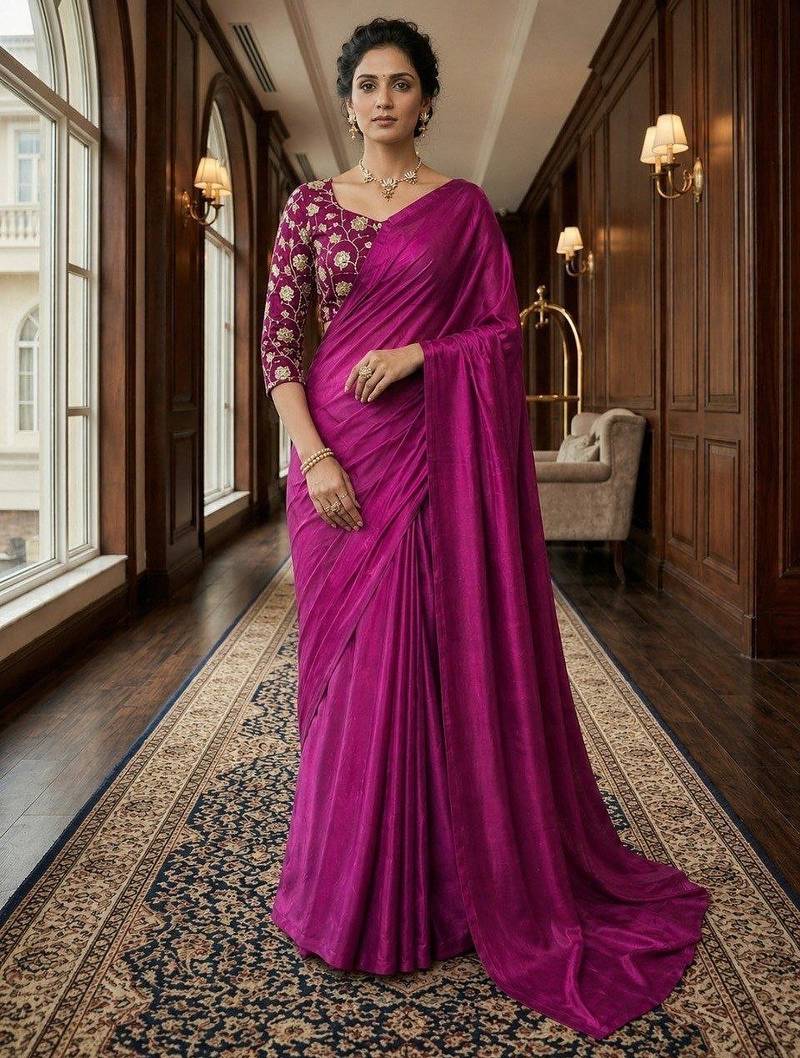 Plum Color Plain Satin Silk Blend Saree