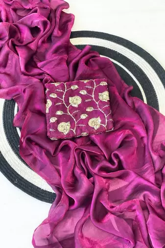 Plum Color Plain Satin Silk Blend Saree