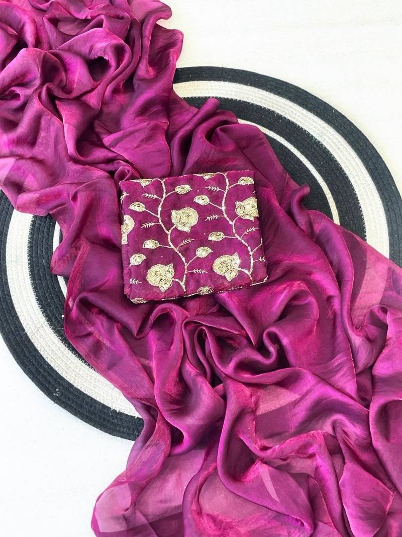 Plum Color Plain Satin Silk Blend Saree