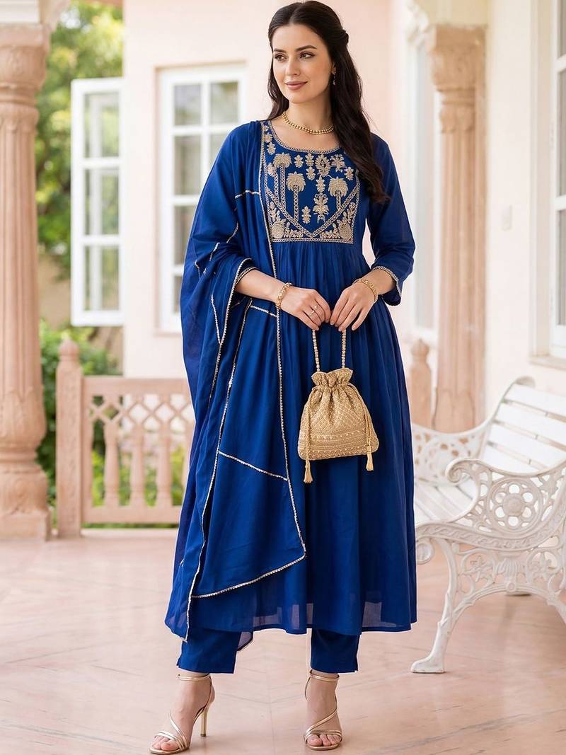 Women Ethnic Motifs Embroidered Tiered Thread Work Kurta with Trousers & With Dupatta
