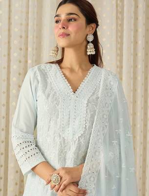 Women Ethnic Motifs Embroidered Regular Thread Work Pure Cotton Kurta with Trousers & With Dupatta 2