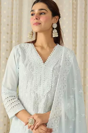 Women Ethnic Motifs Embroidered Regular Thread Work Pure Cotton Kurta with Trousers & With Dupatta