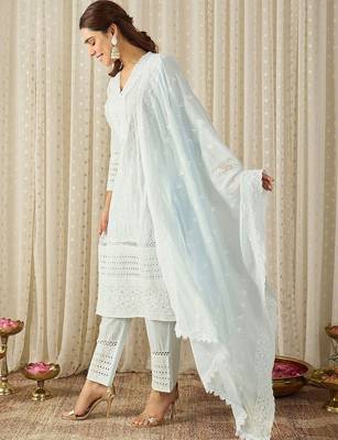 Women Ethnic Motifs Embroidered Regular Thread Work Pure Cotton Kurta with Trousers & With Dupatta 4