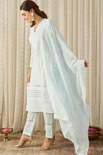 Women Ethnic Motifs Embroidered Regular Thread Work Pure Cotton Kurta with Trousers & With Dupatta