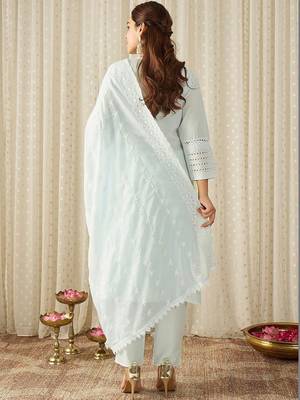Women Ethnic Motifs Embroidered Regular Thread Work Pure Cotton Kurta with Trousers & With Dupatta 5