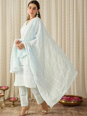 Women Ethnic Motifs Embroidered Regular Thread Work Pure Cotton Kurta with Trousers & With Dupatta 6