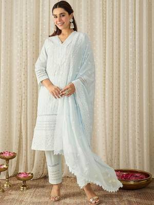 Women Ethnic Motifs Embroidered Regular Thread Work Pure Cotton Kurta with Trousers & With Dupatta 1
